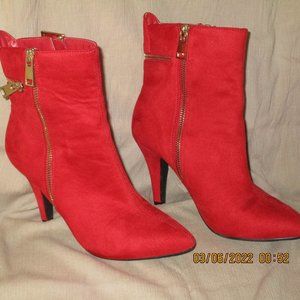 Claudia size 7 heeled boot.  Red textile swede. 3 inch heel.